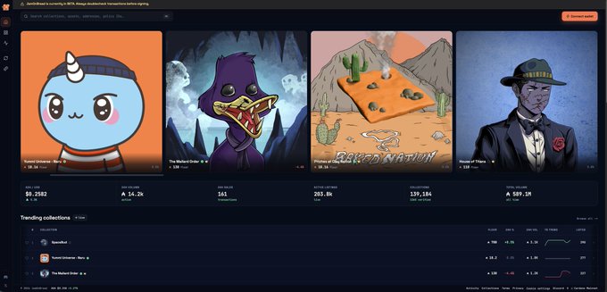 A NFT marketplace page showing trending collections including 'The Undead Order' (#1, 24.2K), 'LOCKED IN NATION' (#2, 3,841), 'Operator' (#3, 203.8K), and 'Merchant of Venice' (#4, 139,184), with a Panic Pink incident banner at the top.