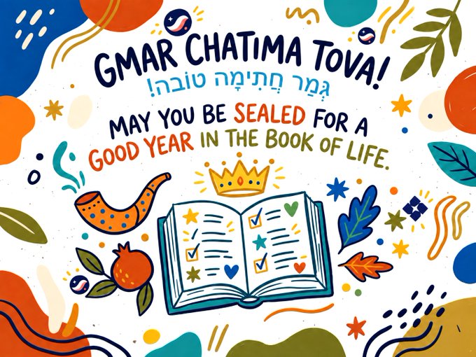 A colorful, illustrated greeting card with the text 'GMAR CHATIMA TOVA!' and 'May you be SEALED for a GOOD YEAR in the Book of Life,' featuring an open book, a shofar, and a crown.