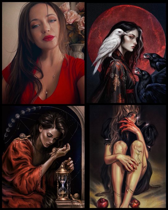 A four-panel collage features dark, stylized portraits, including a woman in red, a woman with a white raven against a red moon, a woman holding an hourglass, and a crouched figure with red nails.
