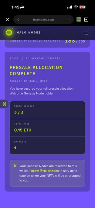 The image shows a mobile screenshot of the Halo Nodes website confirming a "PRESALE ALLOCATION COMPLETE" status, displaying wallet 0XF83B...89E6 with 3/3 mints secured for a total of 0.15 ETH paid, indicating the user successfully minted three Genesis Halo Nodes NFTs. This confirms the $370 investment mentioned in the post, showing the completed transaction for the Genesis Node NFT holdings.