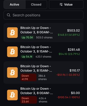 A mobile app interface showing a portfolio of prediction market positions on Bitcoin's price movement for October 3, including 'Up' and 'Down' bets with varying share counts, values, and percentage gains or losses.