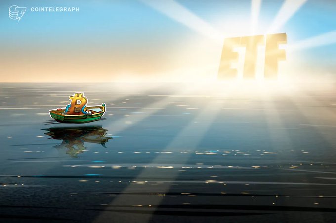 A Cointelegraph editorial illustration showing a small boat with a Bitcoin symbol on calm waters, sailing toward a glowing sun displaying the letters 'ETF'.