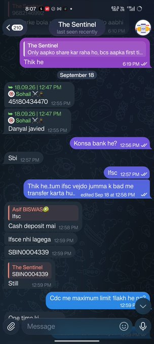 A screenshot of a chat conversation on a mobile phone shows messages in a mix of English and other languages, with bank-related references like 'Konsa bank he?' and 'Cash deposit mai'.