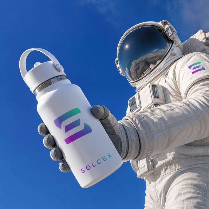 An astronaut in a white spacesuit holds a white 'SOLCEX' branded water bottle with a colorful logo against a blue sky.