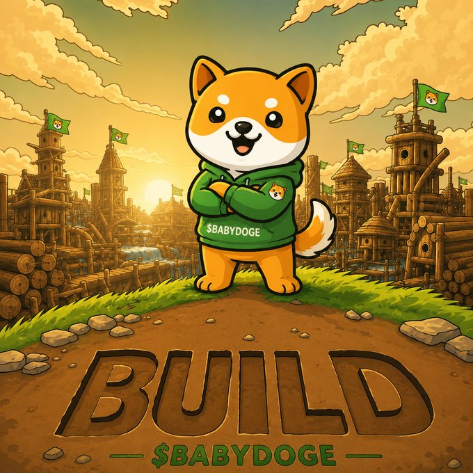 An illustrated poster featuring a Shiba Inu dog wearing a green hoodie labeled "$BABYDOGE" standing on a grassy hill with "BUILD $BABYDOGE" carved into the dirt path below.