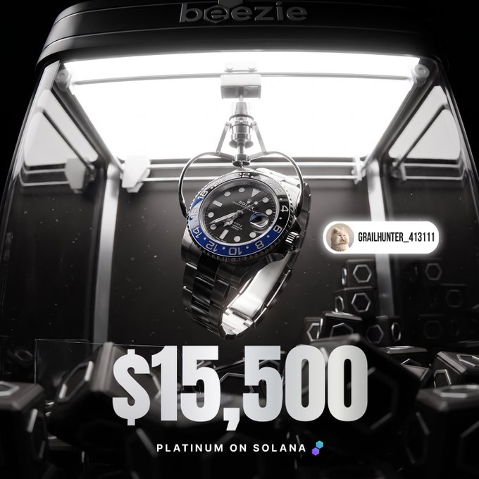 Promotional graphic showing a Rolex GMT-Master II watch inside a beezie display case, listed for $15,500 as 'PLATINUM ON SOLANA' with user GRAILHUNTER_413111 tagged.