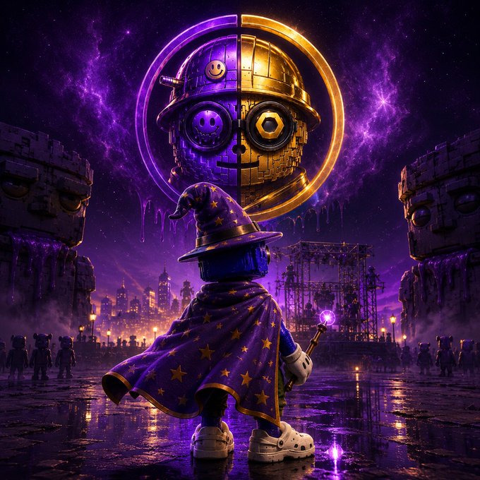 A vibrant digital artwork depicting a small, wizard-like figure with a purple starry cloak and a glowing staff standing before a massive, ornate golden and purple mechanical head in a cosmic city.