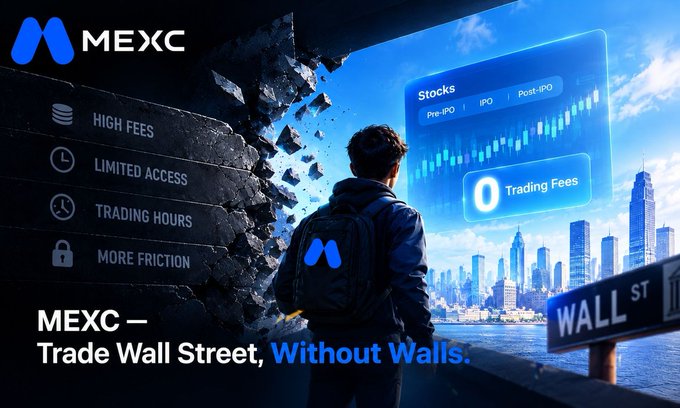 A MEXC cryptocurrency exchange advertisement showing a man breaking through a wall toward the Wall Street skyline, with text reading 'MEXC – Trade Wall Street, Without Walls' and a holographic trading panel displaying '0 Trading Fees' and 'Stocks Pre-IPO | IPO | Post-IPO'.