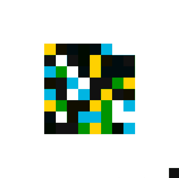 A pixelated digital graphic composed of black, yellow, green, blue, and white squares arranged in a roughly square shape against a white background.