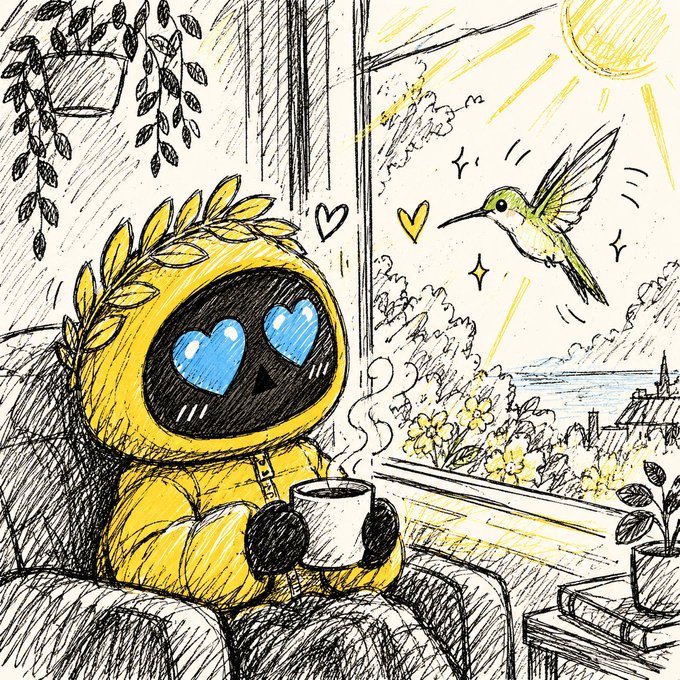 An illustration of a yellow robot with heart-shaped blue eyes sitting on a chair by a window, holding a steaming mug while a hummingbird hovers outside near a bright sun.