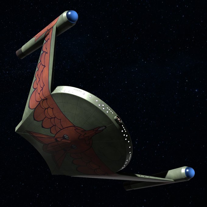 A 3D rendering of a sci-fi spacecraft against a starry space background, featuring a curved hull decorated with red stylized bird/phoenix artwork and blue spherical engine nacelles.
