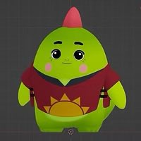 A 3D render of a green character with a small red crest on its head, wearing a maroon and gold outfit, displayed against a dark grid background.