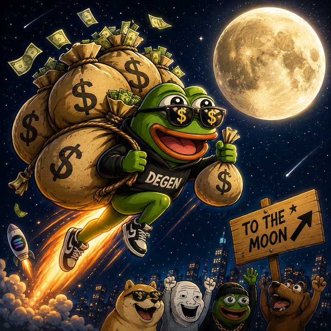 The image features a cartoon frog wearing sunglasses and carrying a large amount of money in his hands while riding a rocket ship through space, with a full moon visible behind him. The caption reads "To the Moon" and includes several other characters from popular animated series such as "$Solana", "Bigger bags = bigger gains".