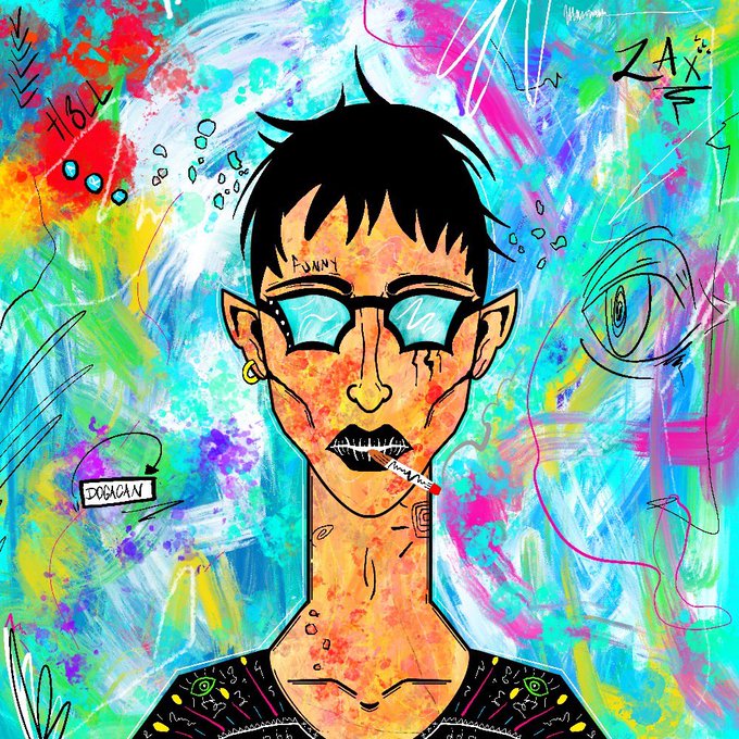 The image features a cartoon-style portrait of a person wearing glasses, holding a cigarette between their fingers. The background is a colorful abstract art piece with splashes of blue, pink, green, and yellow colors. The caption at the bottom of the image reads "GM GM GEEE EEEM Thanks to the @Sant0s_eth for this handsome 1/1."