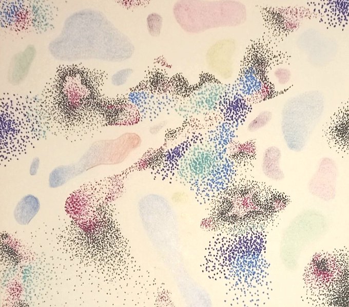 An abstract pointillist or impressionist artwork with scattered, colorful stippled marks in hues of blue, pink, green, and black on a cream background.