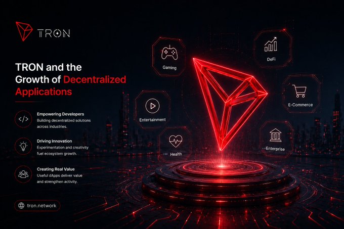 A marketing slide titled 'TRON and the Growth of Decentralized Applications' showcases the TRON logo and categories like Gaming, DeFi, and E-Commerce.