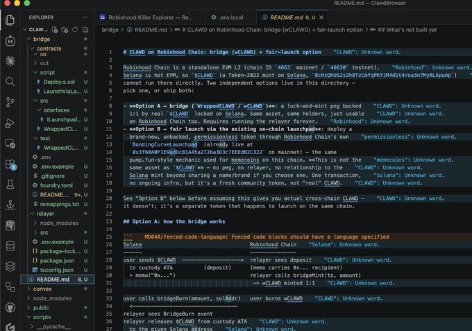 A code editor (VS Code) displaying a README.md file for the Robinhood Killer project, explaining $CLAWD token bridge options between Solana and Robinhood Chain (wCLAWD) and fair-launch mechanics.