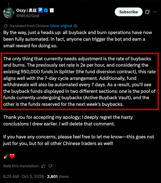 A tweet from @MEADGod (Ozzy) translated from Chinese announcing automated $PONS buyback and burn operations at a rate of 2e per hour, with 950,000 funds in Splitter aligning with a 7-day cycle, and fund withdrawals also automated every 7 days—directly corresponding to the post's summary of the new buyback mechanics.