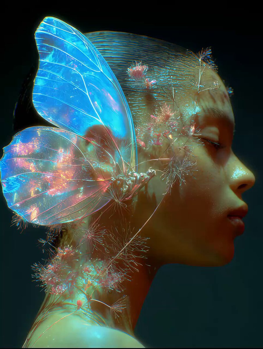 The image features a woman with her hair styled into an elaborate butterfly-like design, wearing a headpiece that resembles a butterfly's wings. The background of the photo is black, which contrasts with the vibrant colors of the butterfly-themed hairstyle and headpiece. The caption "Madama Butterfly" suggests that this unique hairstyle might be inspired by the character Madam Butterfly from the movie "Madama Butterfly".