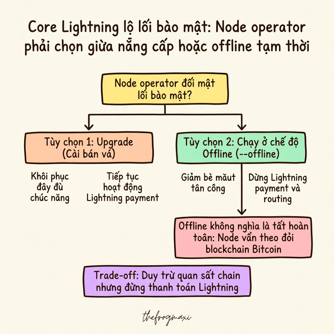 A Vietnamese-language flowchart explaining a Core Lightning security vulnerability, showing node operators' dilemma to either upgrade or run offline, detailing the trade-offs of reduced attack surface versus losing Lightning payment routing.