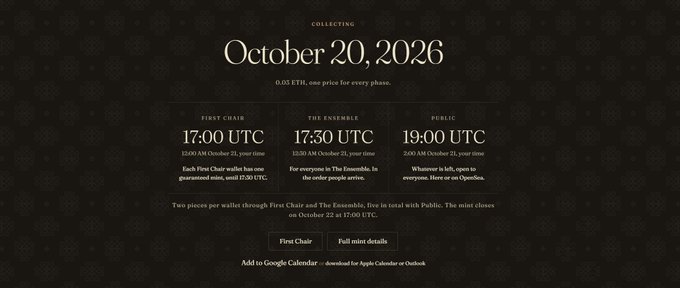 A dark promotional graphic for @TheMotifArt’s October 20, 2026 mint day, with Anatolian-pattern-inspired moving onchain art from @magicburp. It lists “First Chair” at 17:00 UTC and “The Ensemble” at 17:30 UTC, with public access at 19:00 UTC, all at 0.01 ETH and one mint per person.