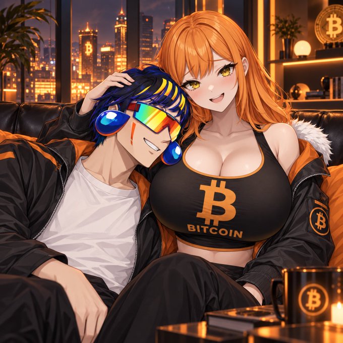 An anime-style illustration features a cheerful girl with orange hair wearing a black 'BITCOIN' crop top and jacket, sitting with a blue-haired boy wearing colorful sunglasses, with a Bitcoin mug on the table and city skyline behind them.