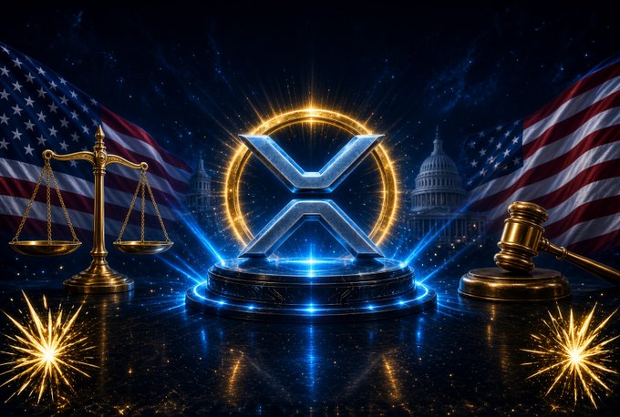 A glowing XRP (XRP) cryptocurrency emblem sits on a pedestal between a scale of justice and a gavel, flanked by American flags and the US Capitol building against a starry background.