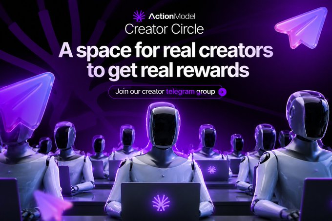 The image features a group of people sitting at desks with laptops open, all wearing robot-like headgear. The text above them reads "A space for real creators to get real rewards join our creator circle". This suggests that they are part of an AI/Web3 creator program or community where they can collaborate and share their work in exchange for rewards like tokens or priority on raids.