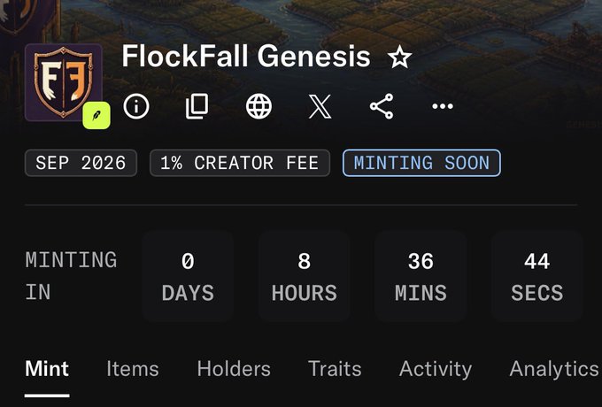 An NFT project page for 'FlockFall Genesis' showing a 1% creator fee, a 'MINTING SOON' badge, and a countdown of 0 days, 8 hours, 36 minutes, 44 seconds until minting.