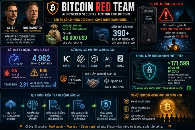 A Vietnamese infographic titled 'BITCOIN RED TEAM' outlines AI-powered security testing for Bitcoin, mentioning the COLDCard security incident, $40,000 USD reward, and 390+ security reports, featuring photos of Calle and Rob Hamilton.