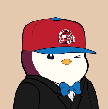 A digital illustration of a penguin-like character wearing a red and blue baseball cap, black suit, and blue bow tie.