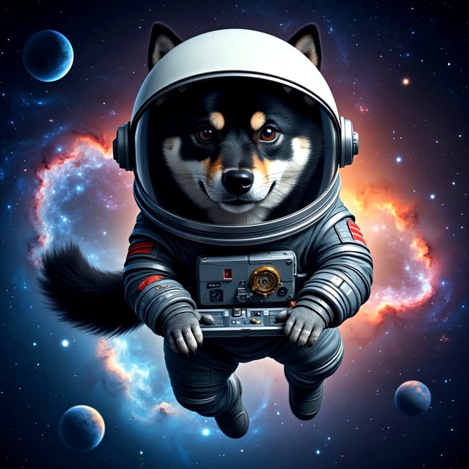 A Shiba Inu dog wearing an astronaut suit and helmet floats through a vibrant cosmic scene with planets and colorful nebulae, holding what appears to be a camera or control device, embodying the adventurous spirit of "$MANYU" as it journeys toward a bright future in the $MANYU Army.