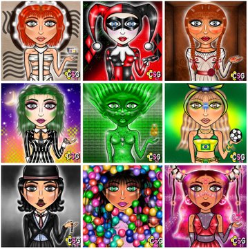 A grid of nine colorful cartoon avatar illustrations featuring various stylized characters with different hair colors, outfits, and backgrounds including a devil figure, an alien, and characters with glowing effects.