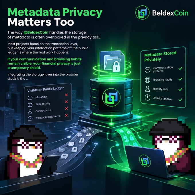 An infographic by BeldexCoin titled 'Metadata Privacy Matters Too' illustrates the privacy risks of metadata on public ledgers, listing items like 'Messages' and 'Web activity' as visible, while showing their storage solution keeping 'Communication patterns', 'Browsing habits', 'Identity links', and 'Activity timeline' private.