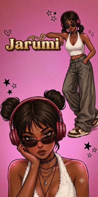 A pink digital illustration features the name 'Jarumi' alongside two stylized drawings of a woman wearing sunglasses, headphones, a white top, and baggy jeans, decorated with hand-drawn stars and hearts.