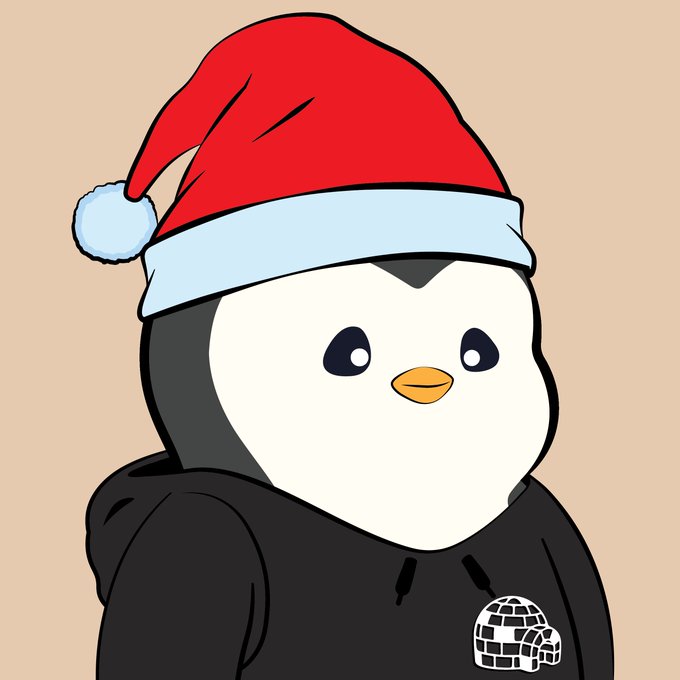 A cartoon illustration of a penguin wearing a black hoodie and a red Santa hat against a beige background.
