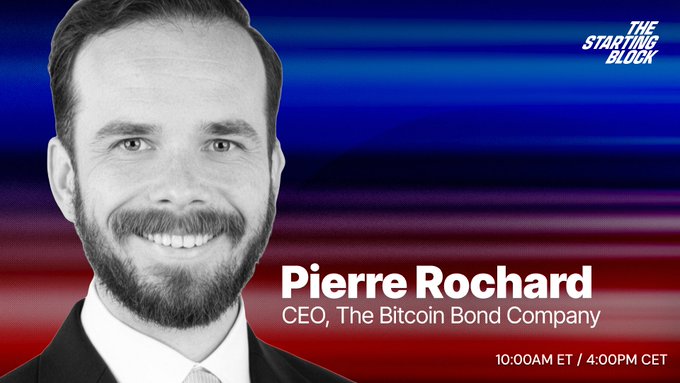 Promotional graphic for "The Starting Block" featuring a black-and-white headshot of Pierre Rochard, CEO of The Bitcoin Bond Company, against a blue, red, and black gradient background. Text indicates a live discussion airing at 10:00AM ET / 4:00PM CET, aligning with the post announcing a conversation about BIP-110.