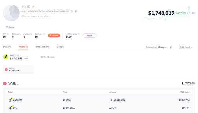 The image shows a DeBank portfolio profile for wallet "No ID" (0x133f69658744f7a5d4657f51b50aad7043c1611f) holding a $1,748,019 portfolio (+46.13%), with the wallet containing 13,142,649.9880 $CASHCAT tokens valued at $1,747,596 and 0.1328 ETH worth $252.72, corresponding to the trader mentioned who purchased 13.14M $CASHCAT tokens.