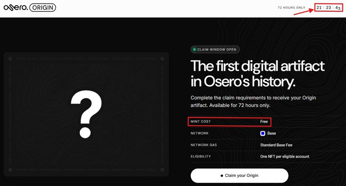 The image shows the Osero Origin claim page featuring a countdown timer (21:23:43) for a 72-hour window, advertising a free NFT mint on the Base network described as "The first digital artifact in Osero's history," aligning with the post's announcement of a free mint that ends the next day.