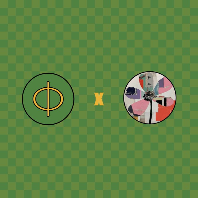 A graphic design on a green checkered background featuring a circular logo with a phi symbol (Φ), a yellow 'x', and a circular collage artwork.