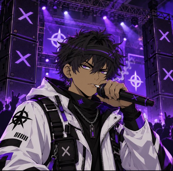 An anime-style illustration depicts a dark-haired male performer holding a microphone on a purple-lit concert stage, wearing a white jacket adorned with purple stars and an 'X' pendant necklace.