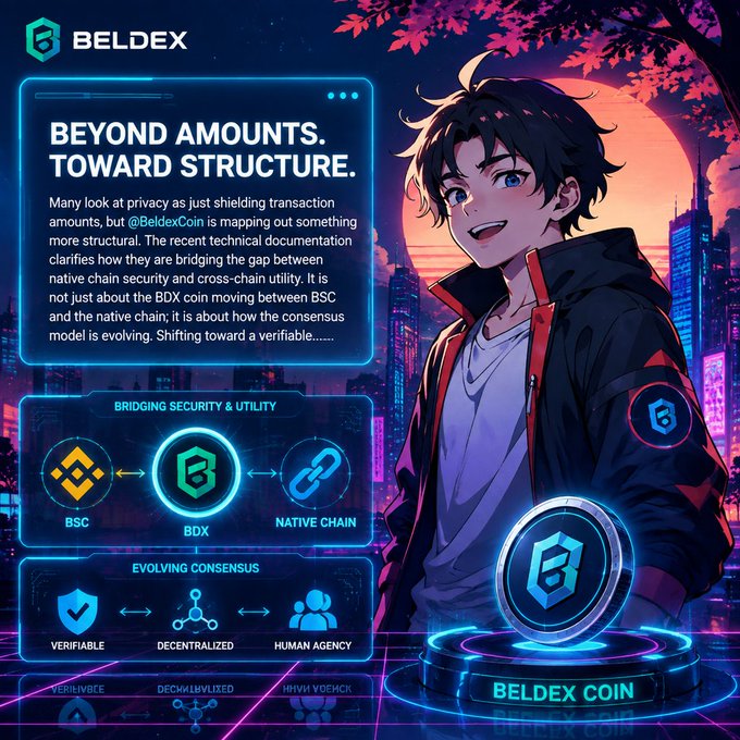 Promotional graphic for BELDEX (BeldexCoin) cryptocurrency featuring an anime-style character in a black jacket, with text 'BEYOND AMOUNTS. TOWARD STRUCTURE.' discussing privacy and cross-chain bridging between BSC, BDX, and native chains.