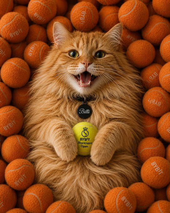 A joyful orange cat named "Billi" lounges among a sea of tennis balls while clutching a "Bybit Stockholm Open" branded tennis ball, with "BYBIT" printed across the surrounding balls—perfectly capturing the playful spirit of the Bybit Stockholm Open event.