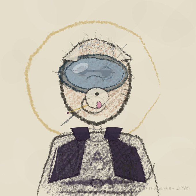 A childlike watercolor and crayon drawing of a figure with a large blue oval face, a small open mouth, spiky hair details, and a white body with dark vest-like shapes.