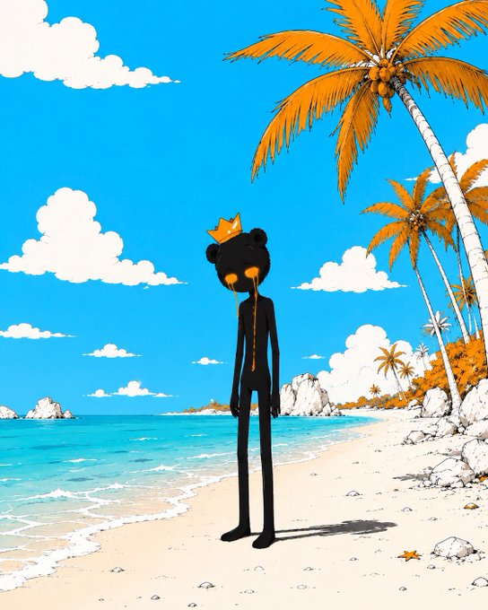 A stylized illustration of a tall black figure wearing a small crown standing on a tropical beach with palm trees.