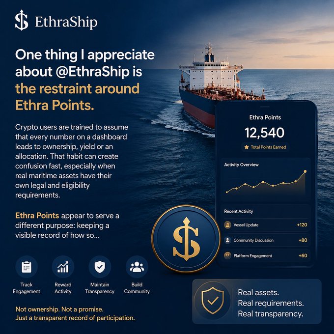 An EthraShip promotional graphic discusses 'Ethra Points,' stating they serve to keep a visible record of participation rather than representing ownership, with a dashboard showing 12,540 total points earned.