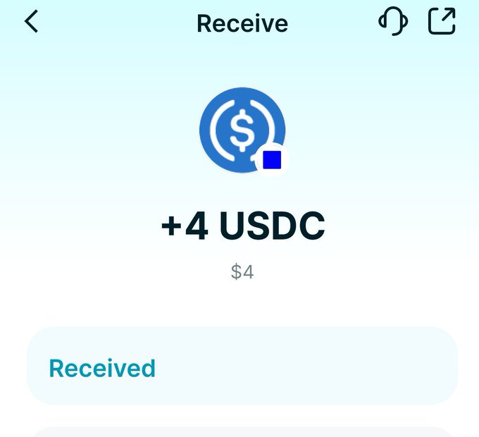 A mobile app 'Receive' screen on a light teal background displaying a successful +4 USDC ($4) transaction with a blue USDC coin icon and a 'Received' confirmation button.