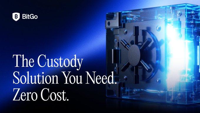 BitGo advertisement with the text "The Custody Solution You Need. Zero Cost." displayed alongside an image of a glowing blue safe.