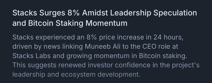 A news headline reads 'Stacks Surges 8% Amidst Leadership Speculation and Bitcoin Staking Momentum,' with body text noting Stacks' 8% 24-hour price increase driven by Muneeb Ali's potential CEO appointment at Stacks Labs and renewed investor confidence in Bitcoin staking momentum.