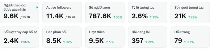 A social media analytics dashboard in Vietnamese showing 'Người theo dõi được xác nhận 9.6K / 16.7K', Active followers 11.4K, Views 787.6K (↑32%), Engagement rate 2.6% (↑35%), Interactions 21K (↑79%), Profile visits 2.4K (↑50%), Replies 8.5K (↑97%), Likes 9.5K (↑77%), Reposts 357 (↑21%), and Bookmarks 79 (↑9.7%).
